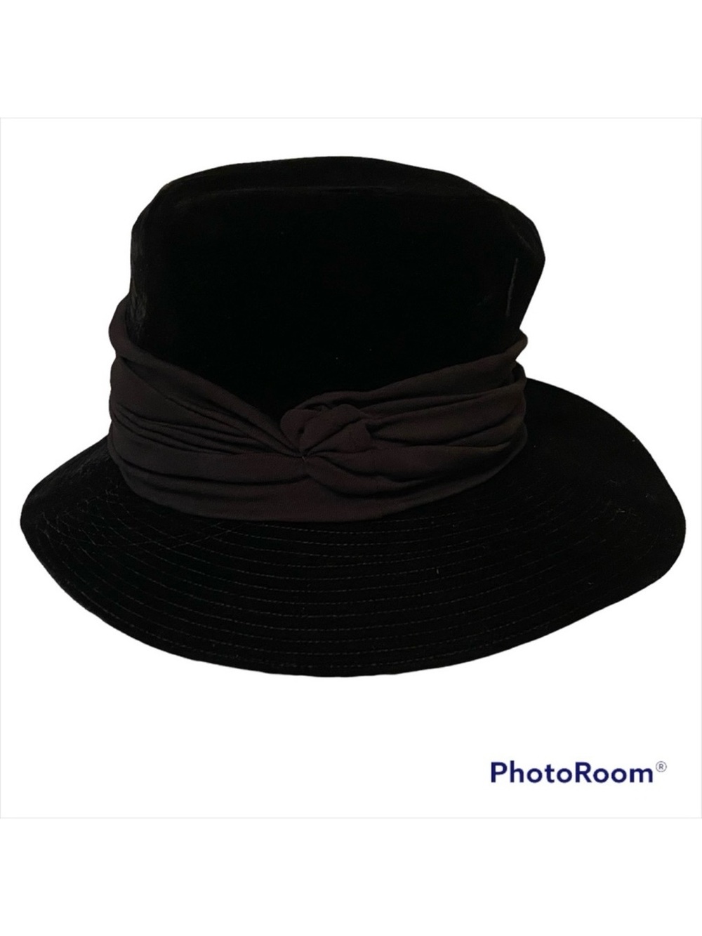 BAMBERGER’S NEW JERSEY HAT VINTAGE BLACK VELVET CLOCHE RIBBON ASYMMETRICAL BRIM